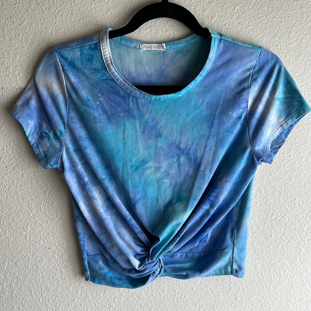 Blue Tie Dye Cropped Top Twist Front Blouse Heart & Hips Large Petite - Picture 4 of 11